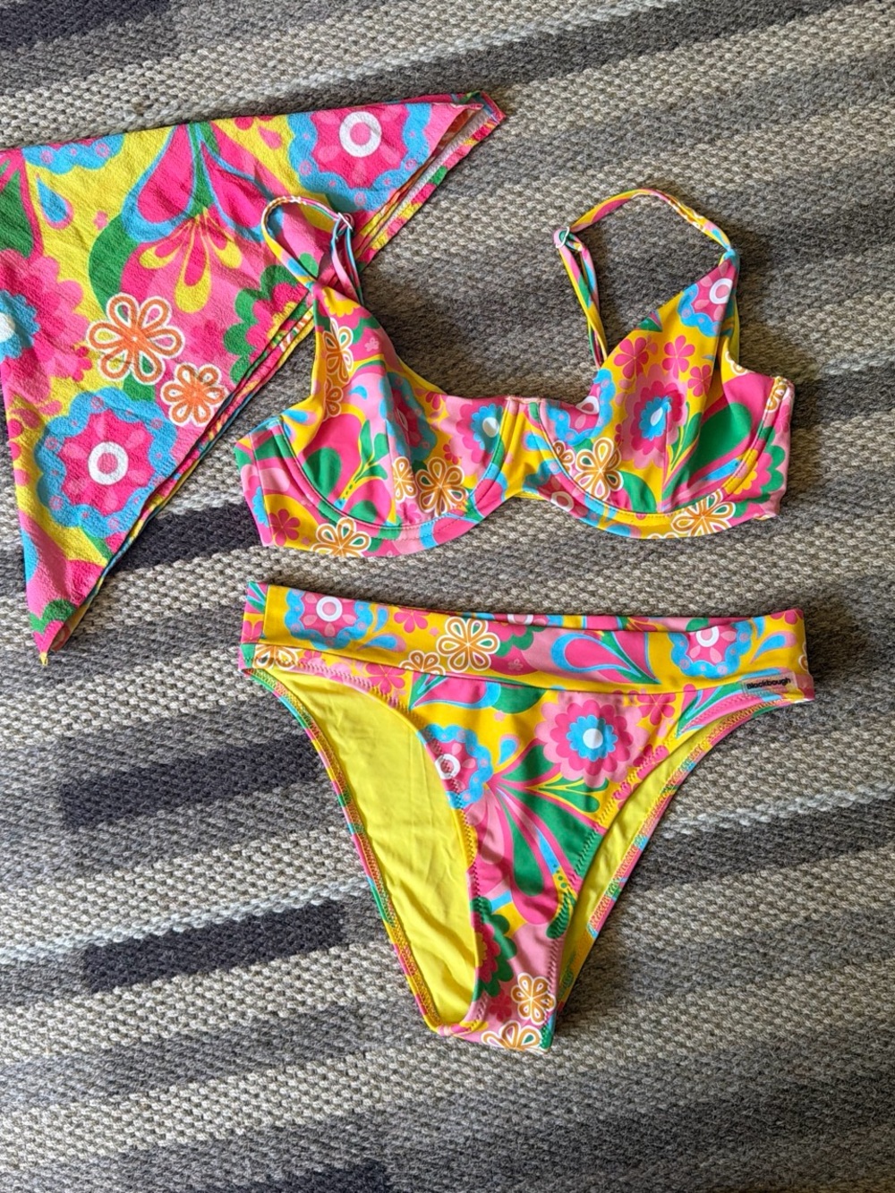 Blackbough Yellow Floral Accent Swim Top with Pink & Blue Print with bandanna